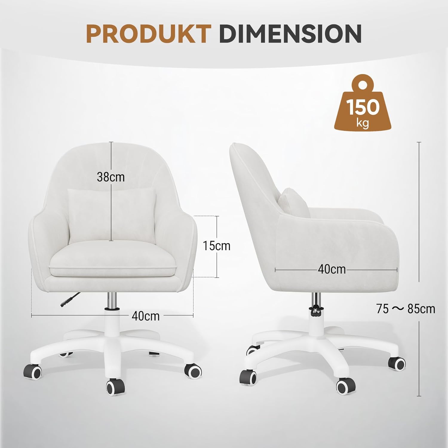 Home Office Stuhl, Samtstuhl mit Kissen, 360° drehbar, höhenverstellbarer Bürostuhl, ergonomisch, Schminkstuhl, Drehstuhl, für Arbeitszimmer, Schlafzimmer, maximale Belastung 120 kg, Weiß – Bild 3