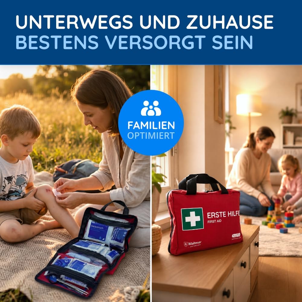 FLEXEO Erste-Hilfe-Set „Familie“ | 130-teilige Tragetasche | für Familien und Zuhause | inkl. Brandgel, Wundnahtstreifen und Augenspülung | Ideal als Hausapotheke, Vorsorge, für Haushalt mit Kindern – Bild 9