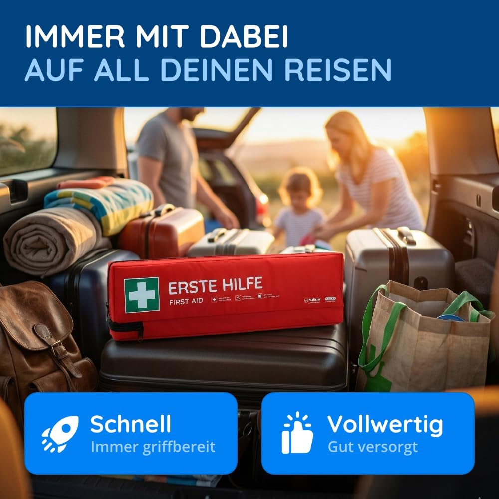 Auto-Verbandstasche inklusive Warndreieck und Warnweste nach aktueller DIN 13164:2022 | Gültig für 2026 | Erste-Hilfe-Set für Auto/Auto/Motorrad | Rot – Bild 3