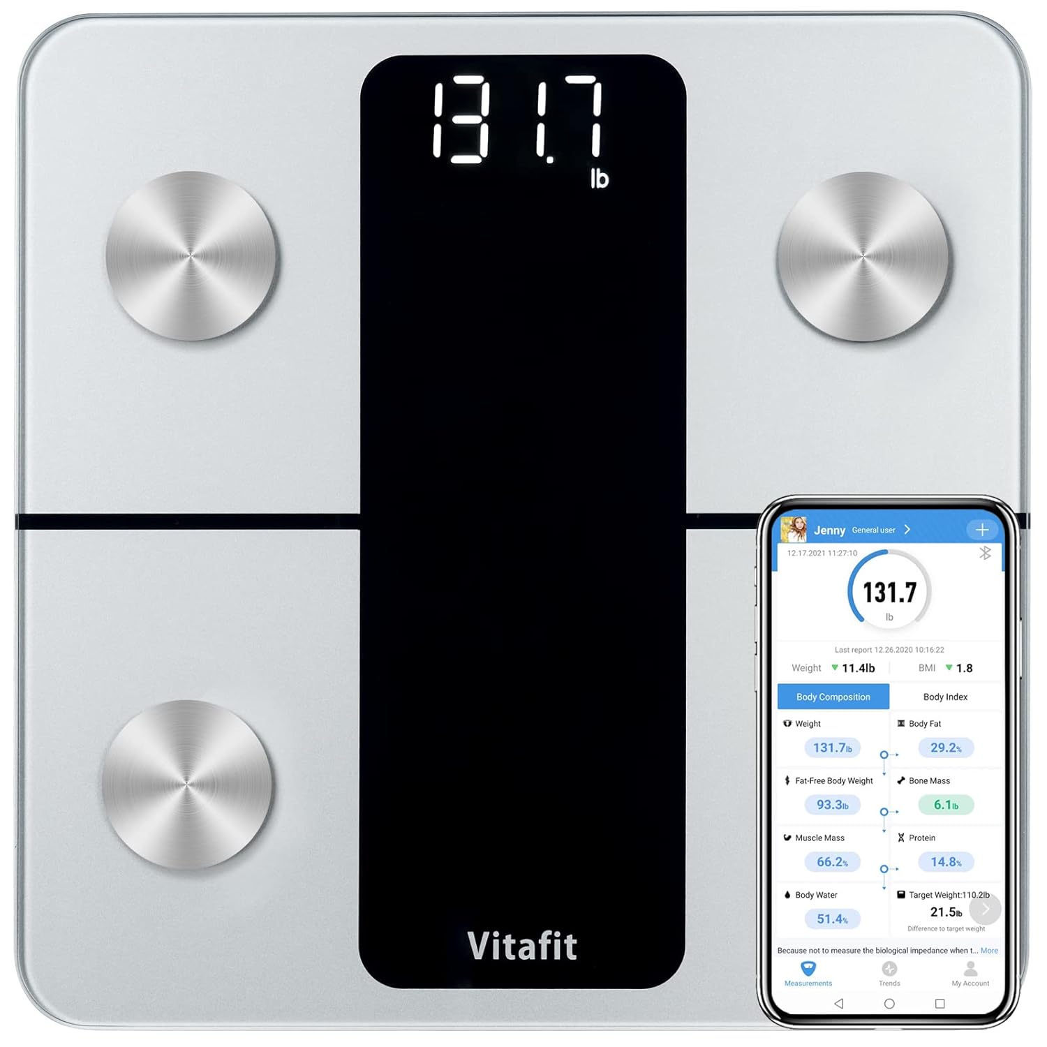 Vitafit Körperfettwaage, Personenwaage mit App, Körperanalysewaage mit Bluetooth, Personenwaage mit Körperfett und Muskelmasse, BMI, Protein, BMR, Silber