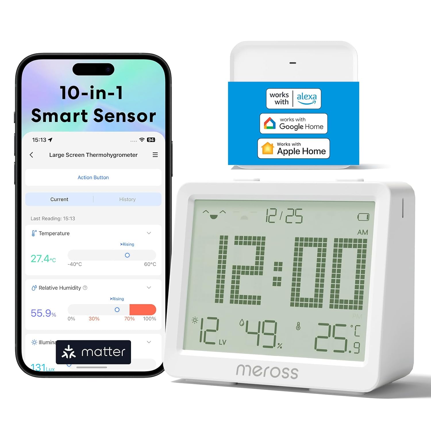 Meross 10-in-1 mattes Hygrometer-Innenthermometer, WLAN-Thermometer mit Taupunkt/VPD, intelligenter LCD-Temperatursensor und mattem Hub, kompatibel mit Apple HomeKit, Home Assistant, Alexa, Google Home