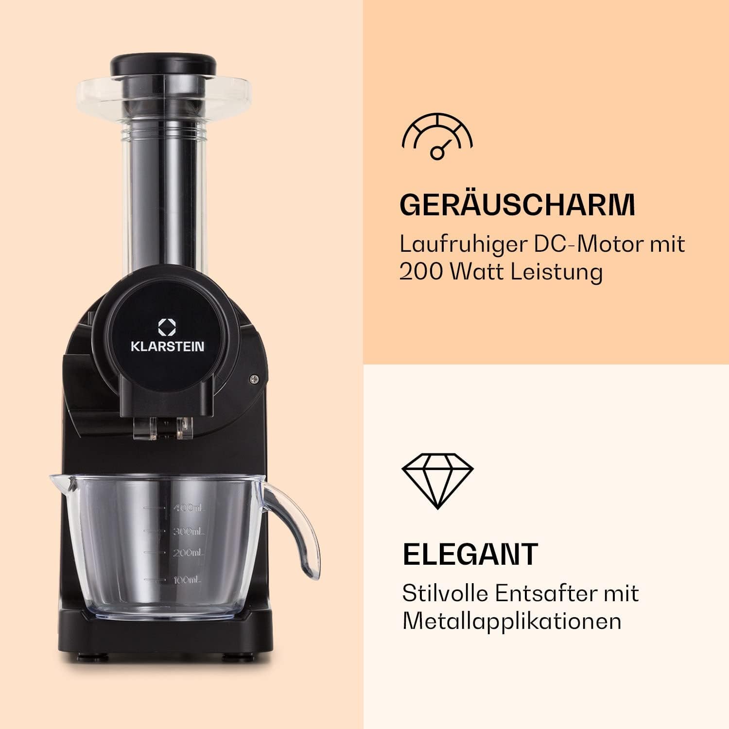 Klarstein Bella Elegance Entsafter 200 W, Entsafter mit 400 ml, BPA-frei, rutschfester Boden, max. Kontinuierliche Betriebszeit: ca. 20 Minuten, einfache Reinigung, Schwarz – Bild 3