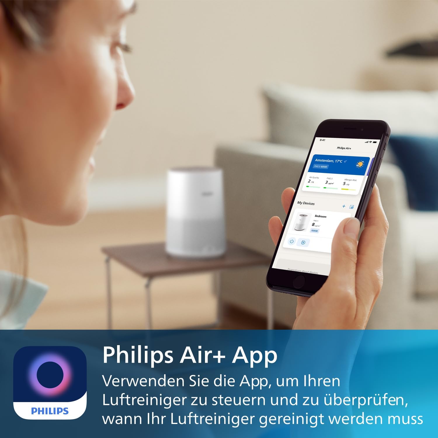 Philips Luftreiniger 600-Serie, besonders leise und energieeffizient für Allergiker, HEPA-Filter entfernt 99,97 Prozent der Schadstoffe, für Räume bis 44 m², App-gesteuert, Weiß (AC0650/10) – Bild 6