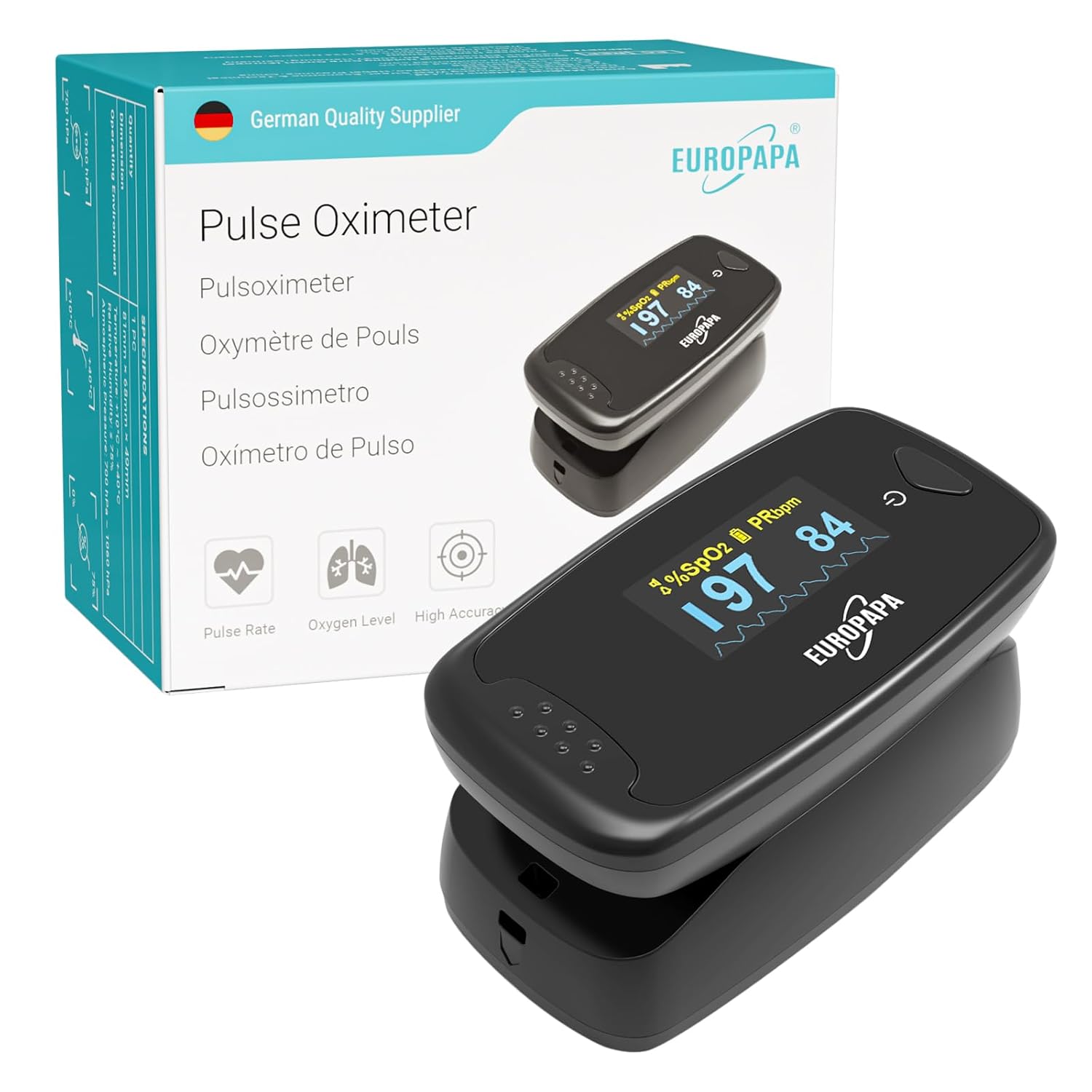 EUROPAPA Pulsoximeter, Fingerpulsoximeter, ideal zur schnellen Messung der Sauerstoffsättigung (SpO2), einfacher Herzfrequenzmesser für Erwachsene, OLED-Display (schwarz)