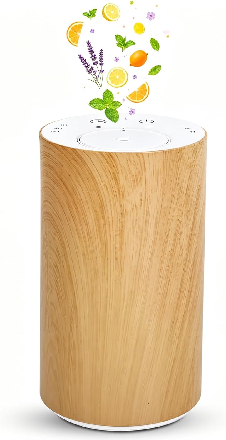 Aroma Diffuser Wasserloser für ätherische Öle: Elektrisch, Kabellos und USB-C Aufladbar – Mobiler Raumduft Diffusor fürs Auto und Zuhause mit Timer-Funktion & 3 Gängen für Aromatherapie Holz-Optik