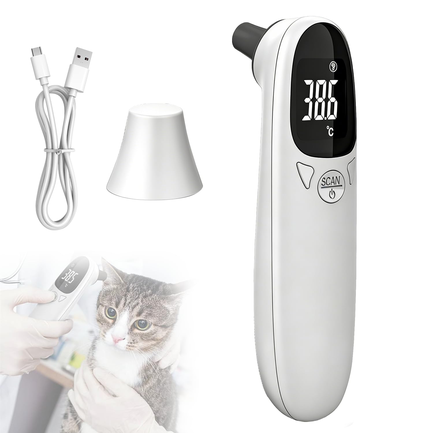 Ohrthermometer Hund, Fieberthermometer Ohr Hund mit LED-Anzeige, Digitales Haustierthermometer für Hunde und Katzen, 12,8 x 3,9 cm Tragbares Ohrthermometer für Katzen, Hunde, Kühe, Ferd (Weiß)