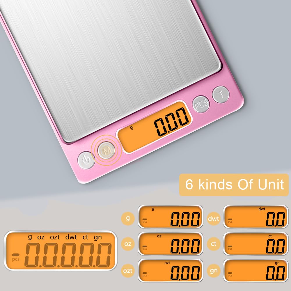 Diyife 500 g / 0,01 g Feinwaage, hochpräzise Buchstabenwaage, Taschenwaage, Gewürzwaage, LCD-Display mit Hintergrundbeleuchtung, mit Ablage, Küchenwaage mit Tara-Funktion & Stücken, Rosa – Bild 4