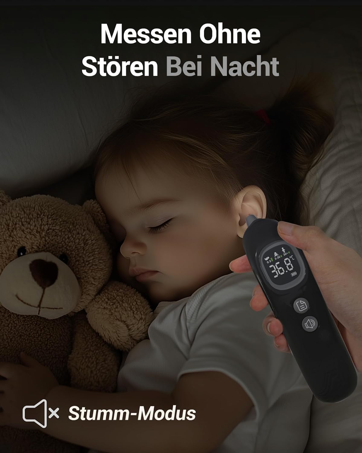 Hochpräzises Ohrthermometer für Kinder und Erwachsene – 1-Sekunden-Messung, intelligente Altersbereichs-Temperaturanzeige, 32 Speicherfunktionen, Stummschaltung, inklusive 21 Einweg-Schutzkappen – Bild 5