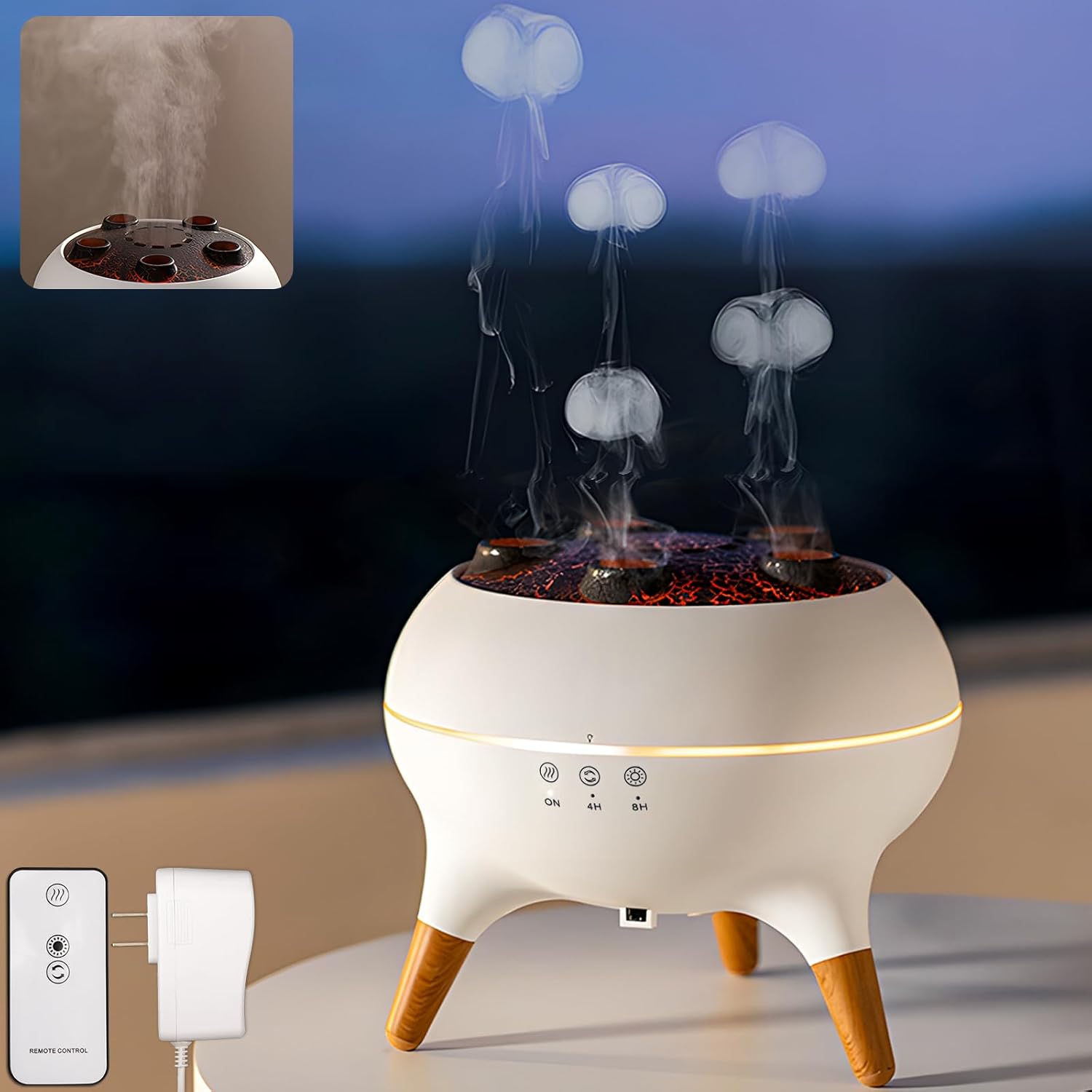 Quallen-Aroma-Diffusor, Duftöl-Diffusor für ätherische Öle, 250 ml Luftbefeuchter, Musiksynchronisation, Quallen mit 7-Farben-Licht, Fernbedienung und Timer für das Heimbüro (weiß)
