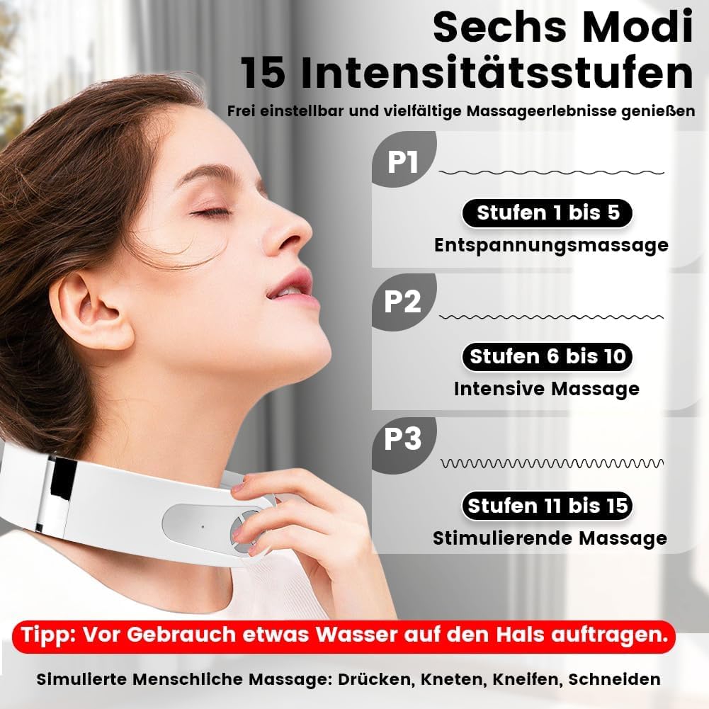 Nackenmassagegerät, intelligente Sprachansagen, Nackenmassagegerät mit 42 °C Wärmetherapie, 5 Modi, 15 Intensitätsstufen, tragbares elektrisches Massagegerät für Zuhause, Büro, Reisen – Bild 2
