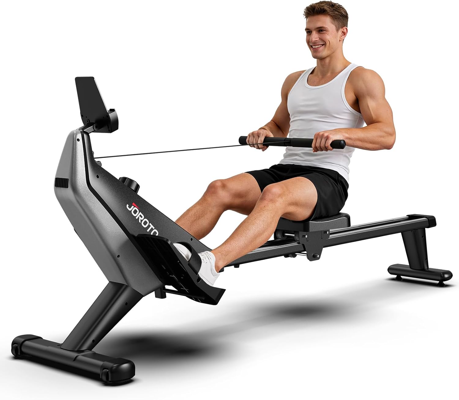 JOROTO Heimrudergerät – Leises magnetisches Rudergerät mit exklusiver App | 16 Widerstandsstufen | Dual-Rail-Design | Bis 150kg | Ideal für Heimtraining (Schwarz)