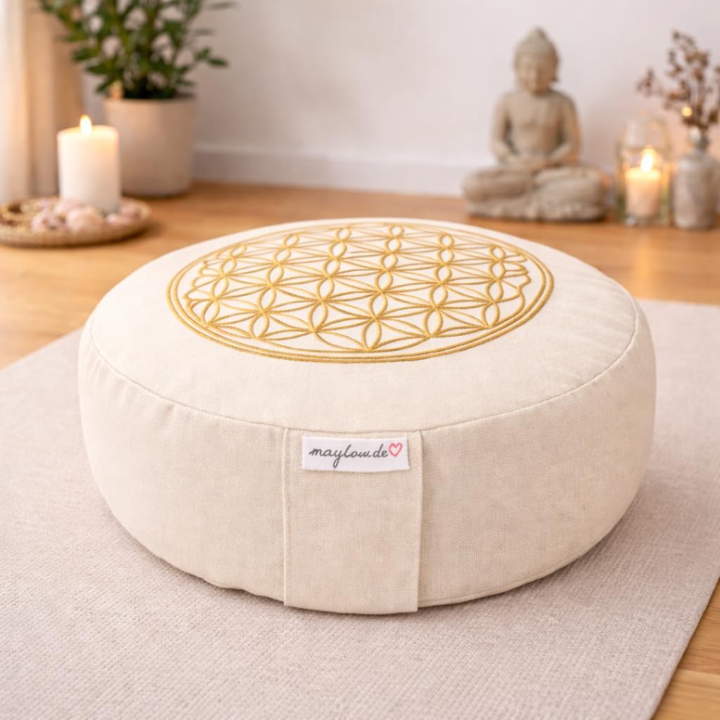 Maylow – Yoga mit Herz – Blume des Lebens Meditations-/Yogakissen mit Stickerei 33x15 cm (erhöhte Sitzposition für Anfänger/Fortgeschrittene) gefüllt mit Dinkelspelzen, Bezug und Inlett 100 % Baumwolle – Bild 2