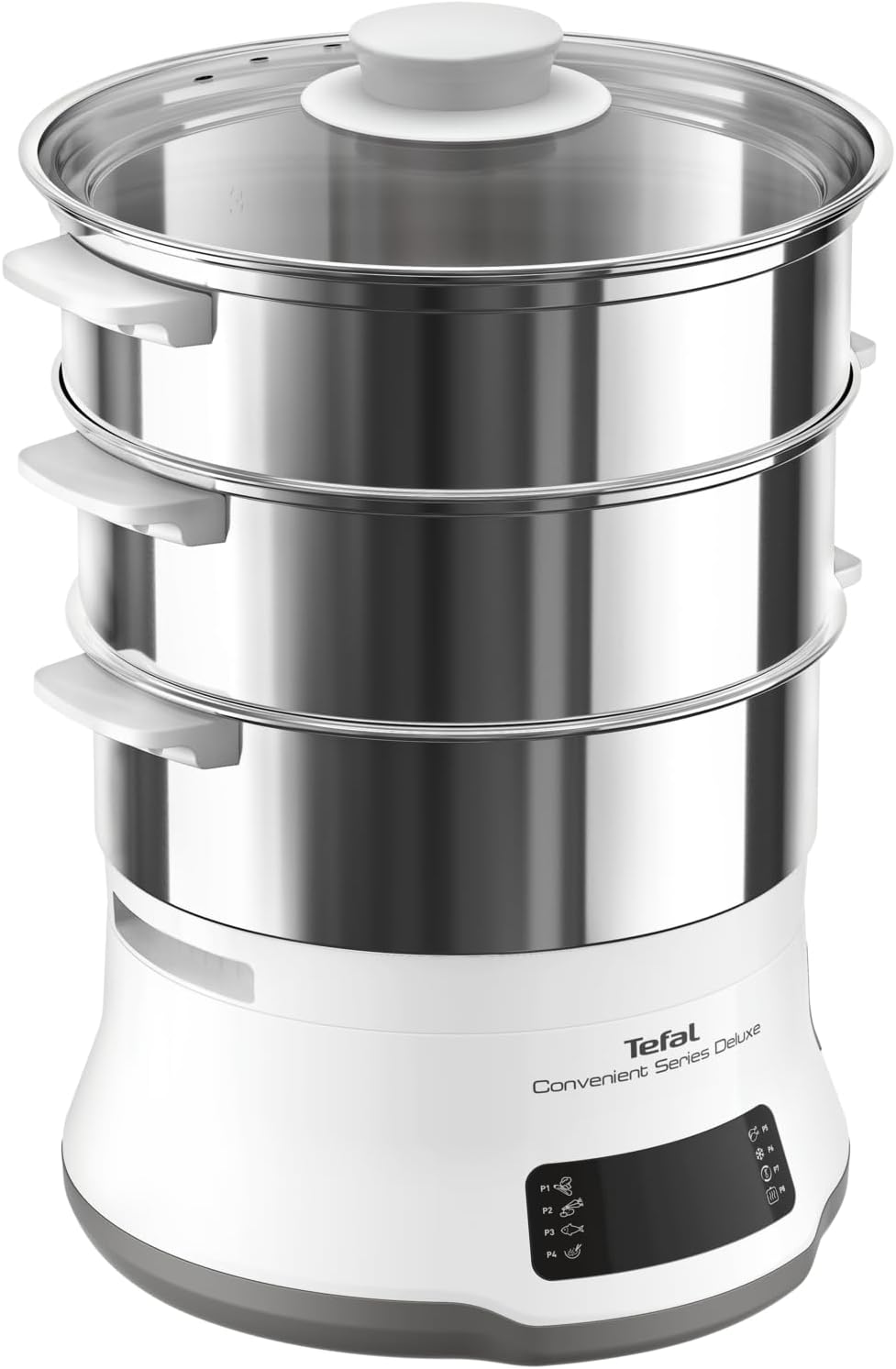 Tefal Convenience Series Deluxe Dampfgarer, einfacher Touchscreen, 8 Programme, Garen auf 3 Ebenen, Edelstahlbehälter, langlebige Qualität, gesunde Zubereitung, Edelstahl/Weiß, VC502D