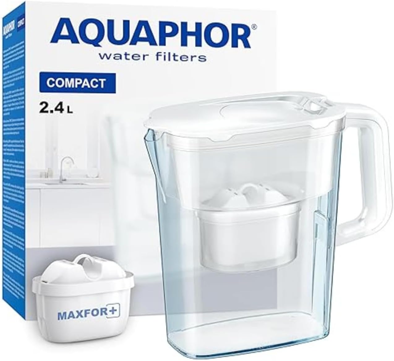 AQUAPHOR Kompakter Wasserfilterkrug mit 1 Maxfor+ Kartusche, 2,4 l, Weiß, ideal für die Kühlschranktür und kleine Küchen