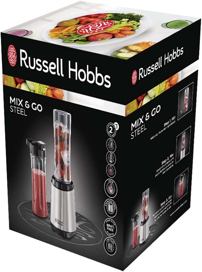 Russell Hobbs 23470-56 Mix&Go Steel Mixer/Standmixer, Smoothie Maker (300 Watt), Edelstahl, inklusive 2 Trinkflaschen, 600 ml – Bild 8