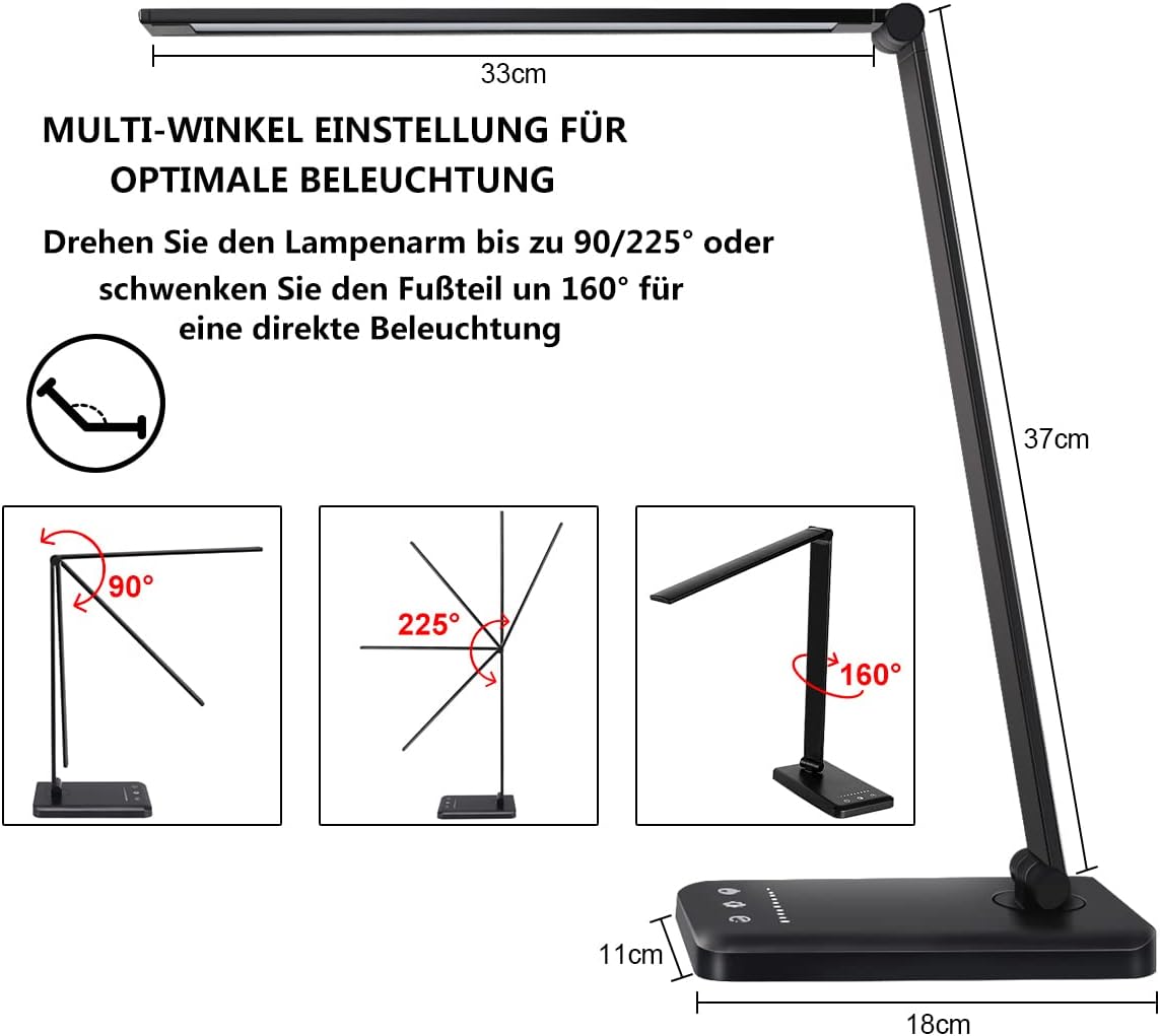 Dimmbare LED-Schreibtisch-Tisch- und Schreibtischlampe mit 5 Farben und 10 Helligkeitsstufen, augenfreundliche Nachttischlampe mit USB zum Aufladen von Smartphones, Lampe für Kinder – Bild 5