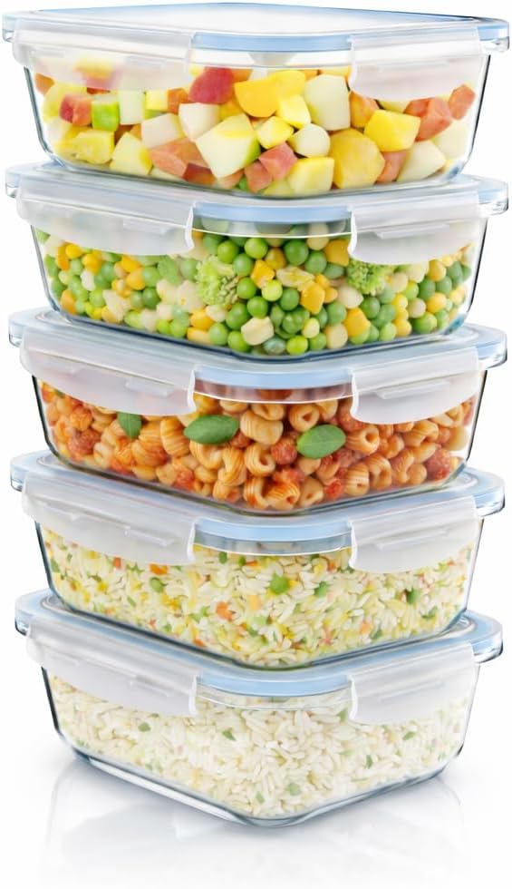 Arendo – Lunchboxen aus Glas, Frischhaltedosen für Lebensmittel mit luftdichtem Deckel – 5er-Set – 1050 ml – für Mikrowelle, Backofen, Gefrierschrank – spülmaschinenfest – Vorratsgläser, Meal-Prep-Boxen-Set