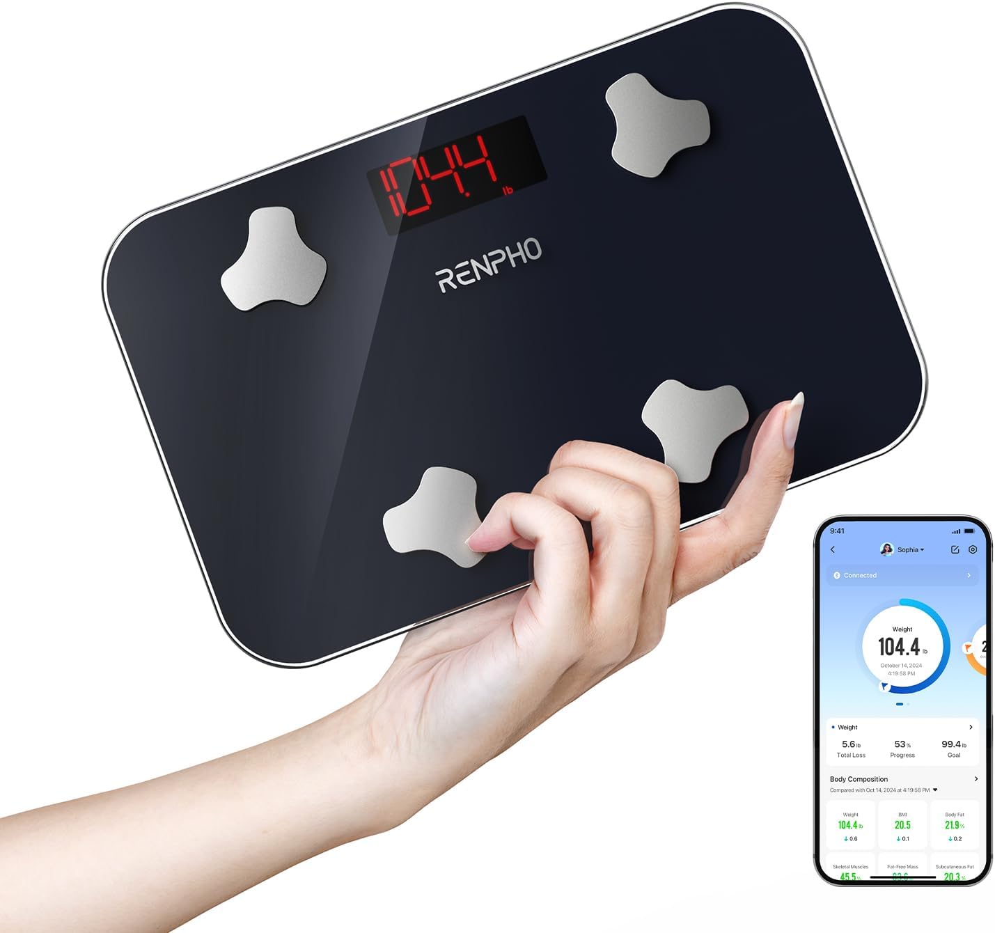RENPHO Digitale Personenwaage, Mini-Waage mit Körperfett und Muskelmasse, tragbare Körperfettwaage, synchronisierbar mit Apps, maximal 180 kg, 28 x 18 cm