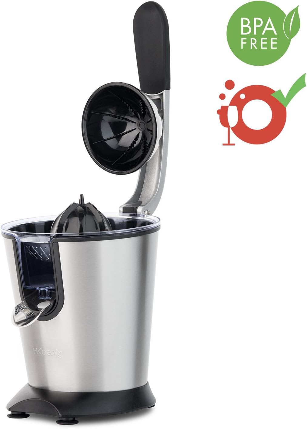 H.Koenig Elektrische Zitruspresse AGR80 BPA-frei, Orangen-, Zitronen-, Grapefruitsaft, schnell, automatisch, leise, leistungsstark, 160 W, Tropfstopp, spülmaschinenfest, Silber, 160 W – Bild 8