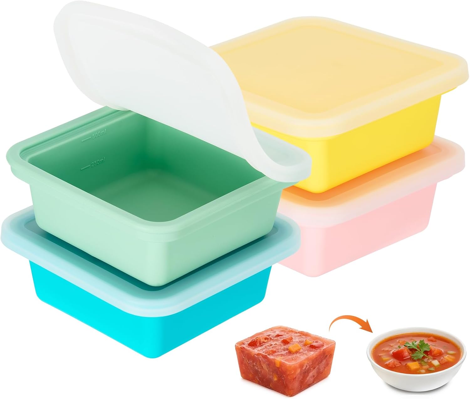 4 Stück extra große Silikon-Gefriertabletts, 2 Tassen Suppen-Gefrierschrank-Eiswürfelschalen mit Deckel, BPA-freie Lebensmittel, Suppen-Gefrierbehälter, stapelbar für Brühe, Soße, Eis, Essenszubereitung (500 ml)