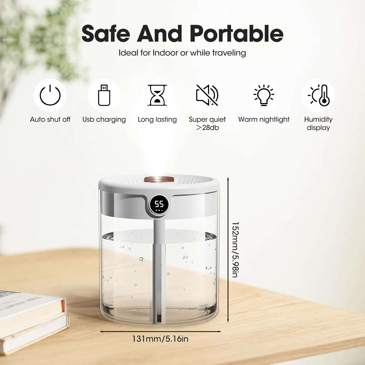Luftbefeuchter 2000 ml, USB Mini Luftbefeuchter mit 3 Nebelmodi & LED Feuchtigkeitsanzeige, Leiser Luftbefeuchter mit Nachtlicht für Schlafzimmer, Büro, Babyzimmer & Pflanzen – Bild 2
