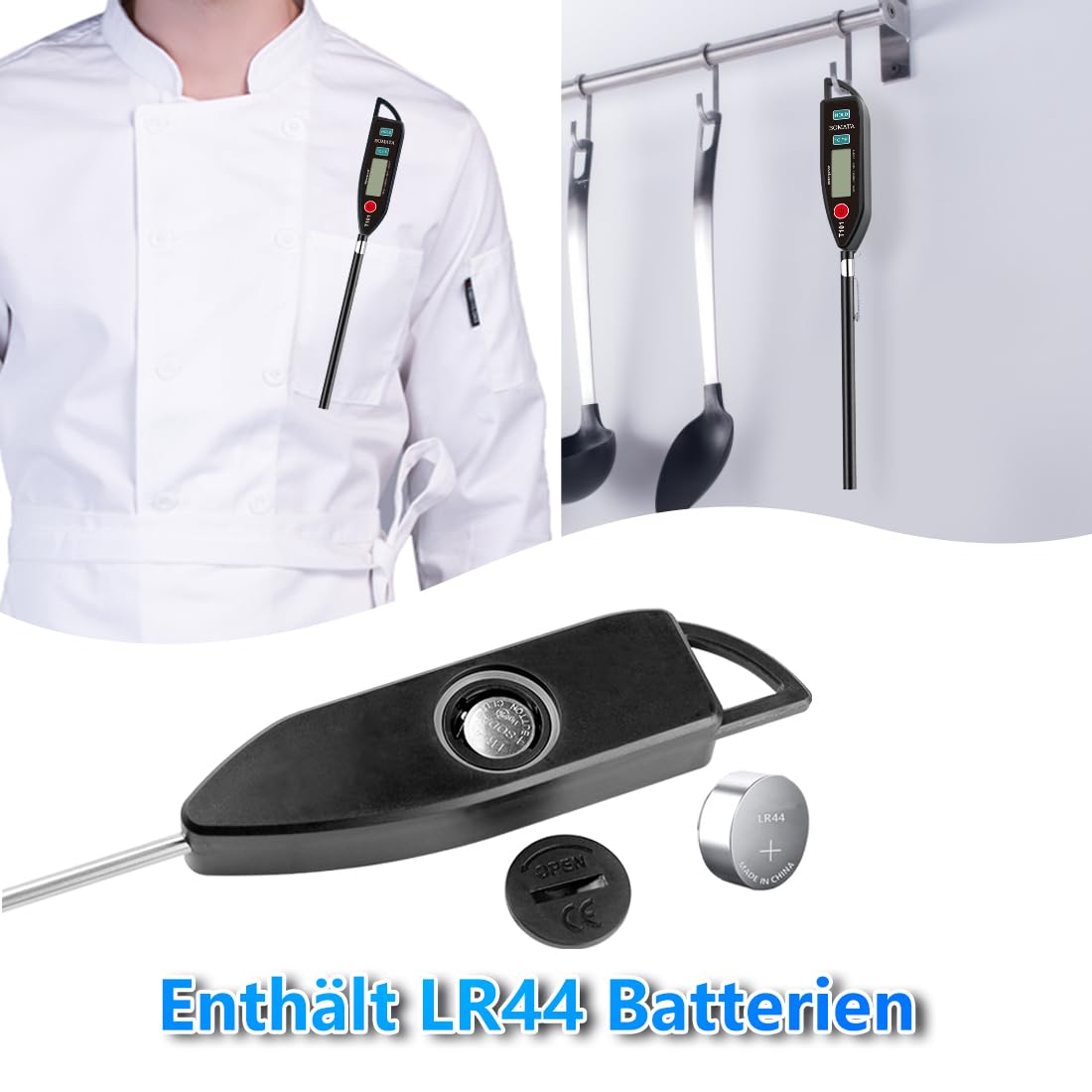 BOMATA Wasserdichtes IPX7-Thermometer, geeignet für Wasser, Flüssigkeiten, Kerzen und Kochen. Sofort ablesbares Lebensmittelthermometer mit langer Sonde, geeignet zum Kochen, Fleisch, Grillen. T101 schwarz – Bild 6