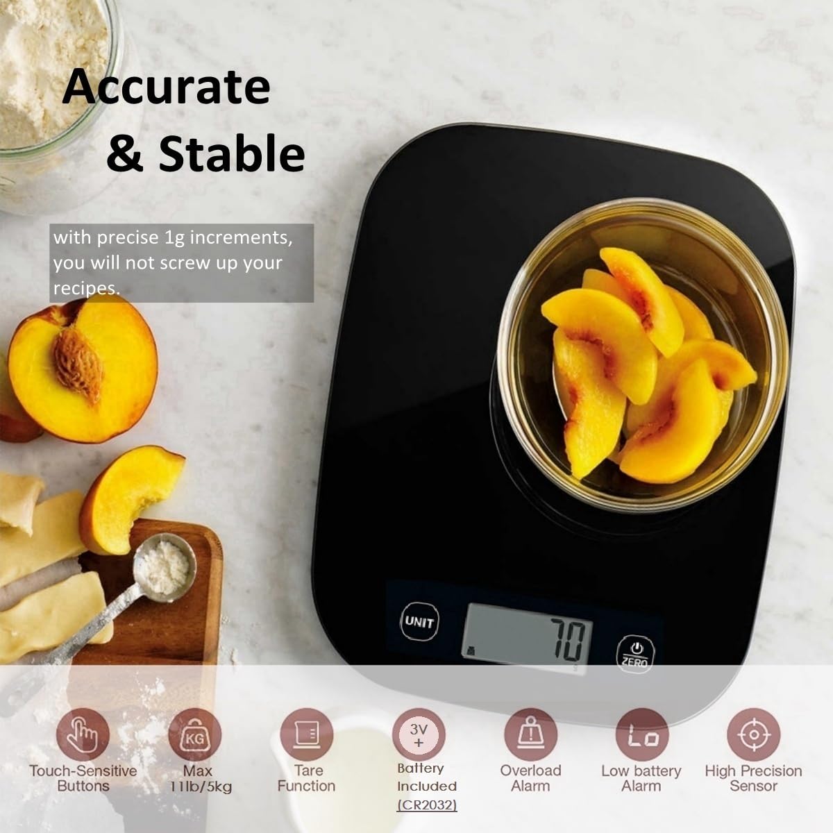 NUTRI FIT Digitale Küchenwaage, ultradünn, elektronische Multifunktions-Küchenwaage, großes Display, Kunststoffplattform, 5 kg, Schwarz – Bild 2
