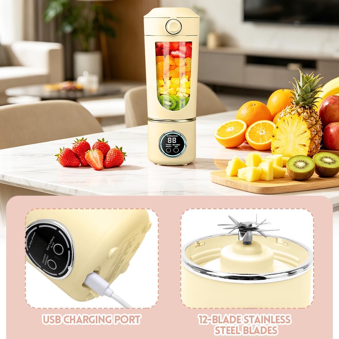 Tragbarer Mixer, Mini-Standmixer, kleiner Entsafter, Smoothie-Maker mit Silikon-Strohhalm, USB-Ladegerät Smoothie Maker, 400ml KleinerMixer mit 12 Edelstahlklingen, für Zuhause/Küche (Beige) – Bild 3