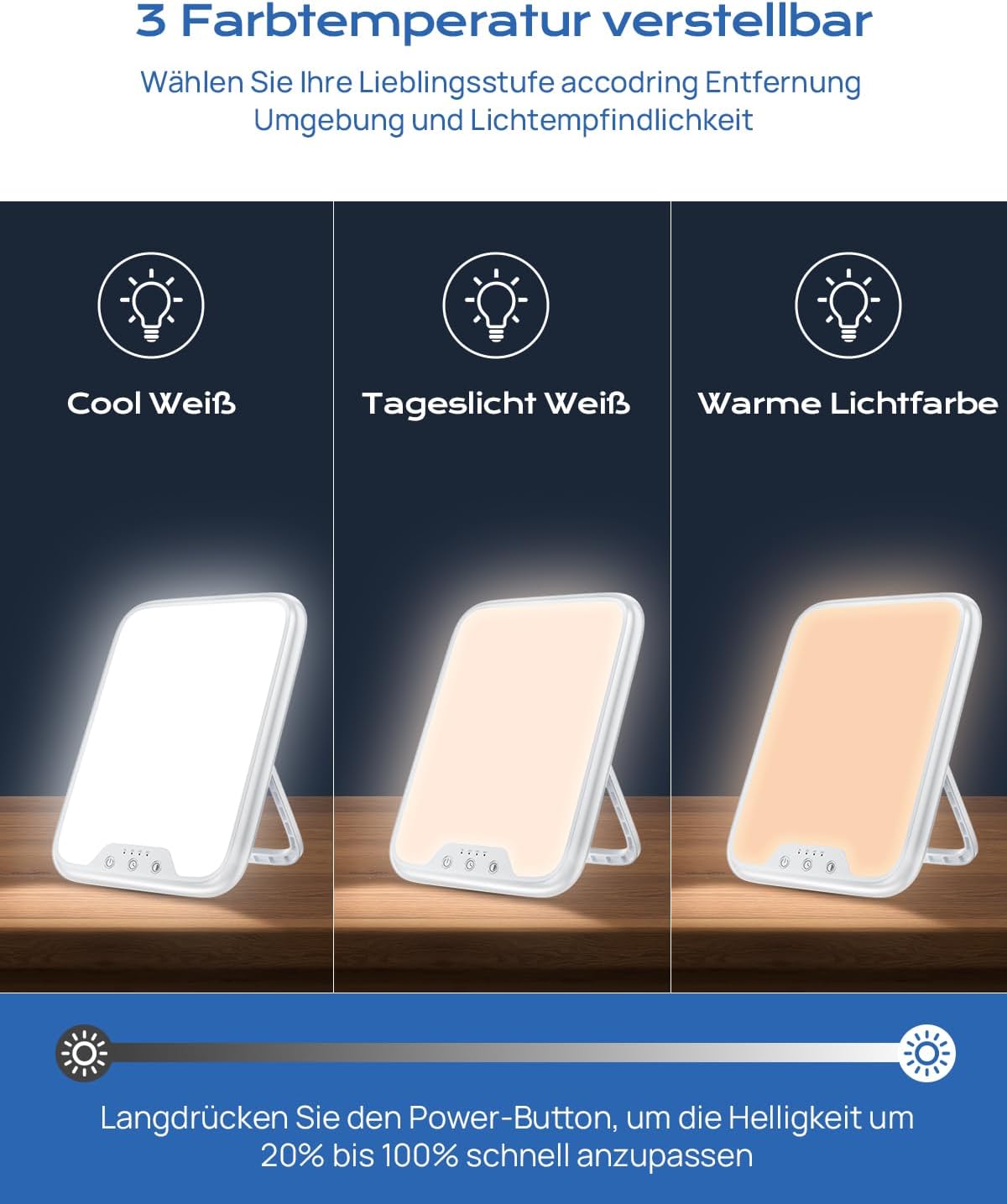 Tageslichtlampe, Tageslichtlampe, 10.000 Lux UV-freie Sonnenlichtlampe gegen Depression, Lichttherapielampe mit Memory-Funktion, 4 Timer, 3 Farbtemperaturen, kontinuierliche Helligkeit, faltbare Halterung – Bild 2