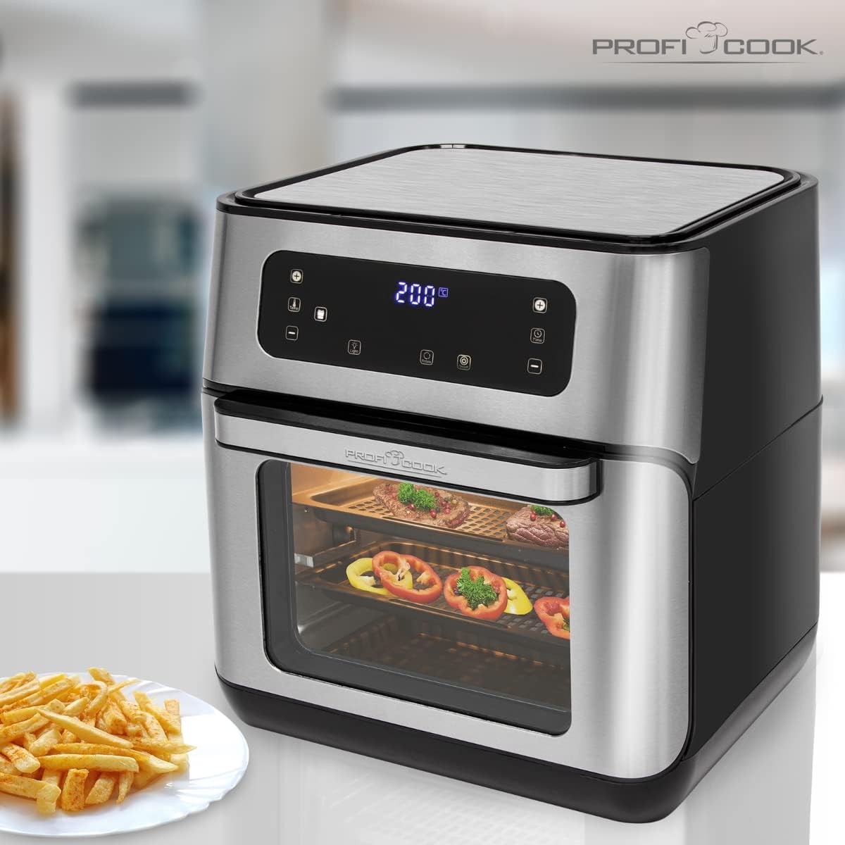 ProfiCook Heißluftfritteuse, 9 Automatikprogramme, XXL, 1500 Watt, 200 °C, 11 Liter Fassungsvermögen, 4 Einschubhöhen, Edelstahl, LED-Anzeige, optimale Backergebnisse, viel Zubehör, PC-FR 1200 – Bild 9