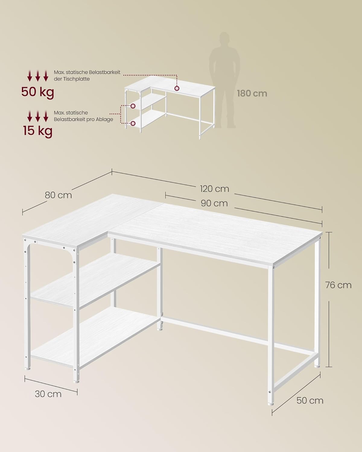 VASAGLE LWD136WF01 Eckschreibtisch, L-förmiger Computertisch mit Stauraum, Büroschreibtisch, höhenverstellbare Ablage für Heimbüro, 120 x 80 cm, Ahornweiß – Bild 3