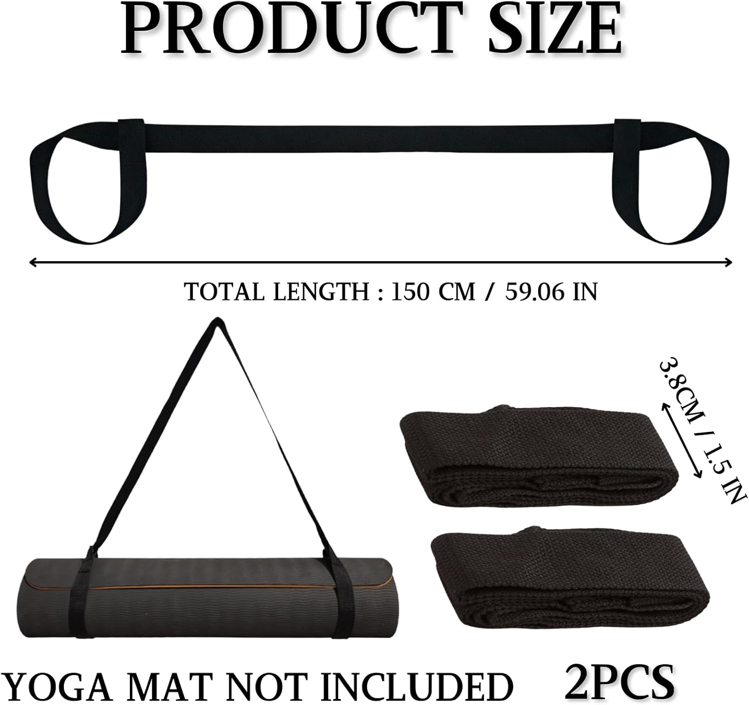 2 Stück schwarze Yogamatten-Tragegurte, verstellbare, langlebige Schlinge, geeignet für alle Mattengrößen, fester Yoga-Gurt für Pilates, Fitness und Outdoor-Aktivitäten – Bild 2