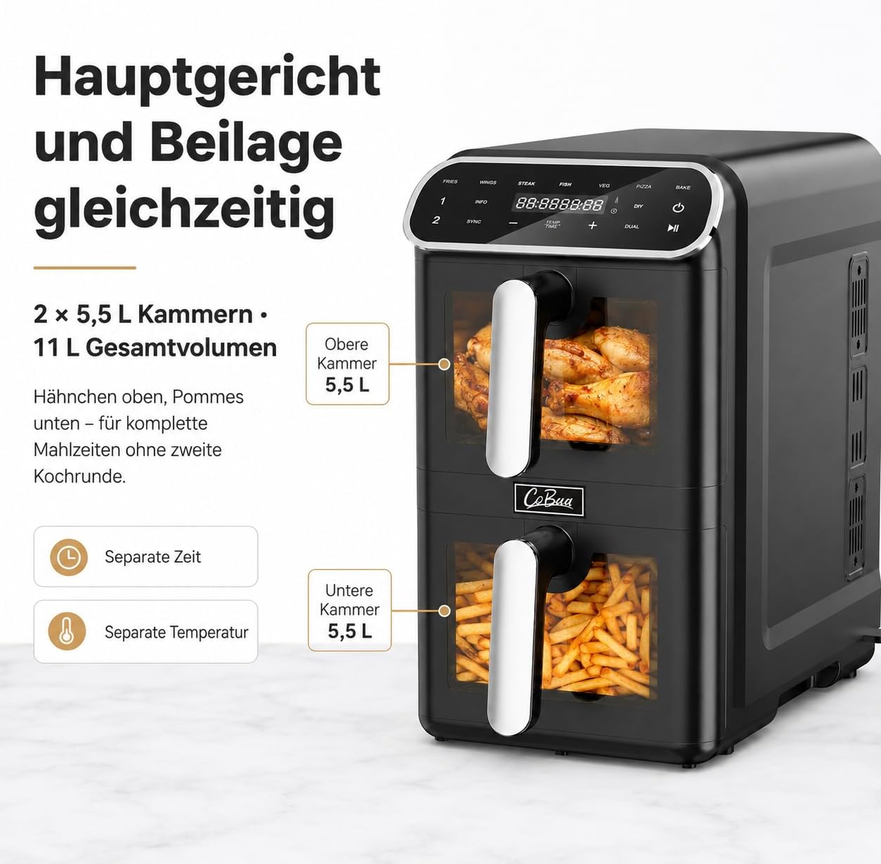 Heißluftfritteuse, 2 Kammern, 11 l, 2 x 5,5 l Airfryer Double Stack mit Sichtfenster, SYNC & DUAL, 9 Programme inklusive DIY, schwer entflammbares V0-Material, 2460 W, spülmaschinenfest – Bild 4