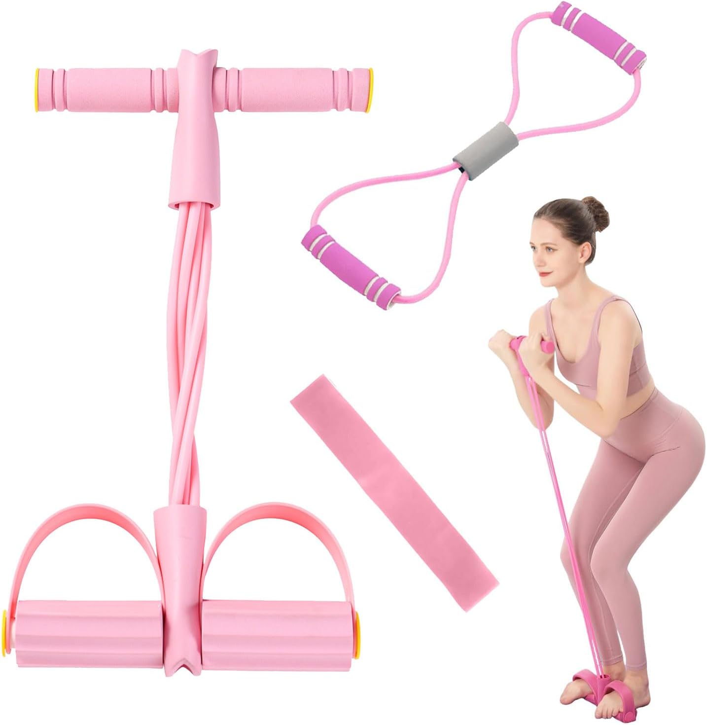 Bauchtrainer, multifunktionales Spannseil mit Rückentrainer & Fitnessbändern, Sit-Up-Trainingsgerät, 6 Röhren, elastisches Zugseil, Sportgerät Zuhause für das Training von Taille, Beinen, Bauch, Rosa