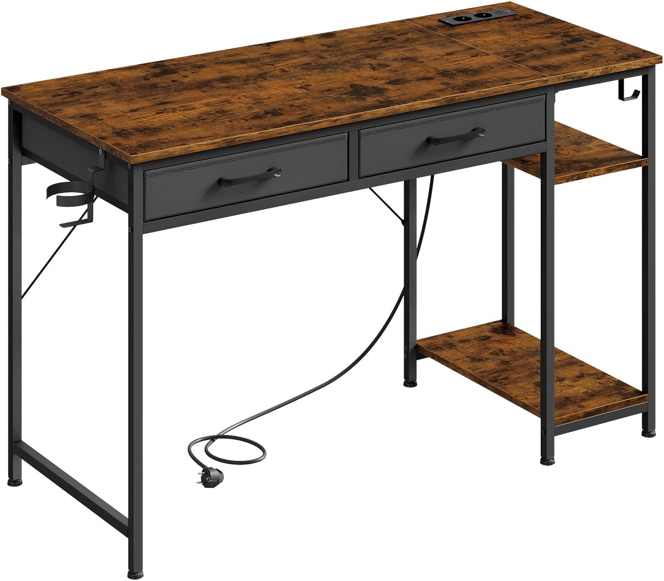 WOLTU Schreibtisch mit 2 Schubladen, 2 Steckdosen, USB- und Typ-C-Anschluss, Kopfhörerhaken und Ablagen – Computertisch für Büro und Wohnzimmer, 120 x 51 x 75 cm, Rustikales Braun – Bild 9