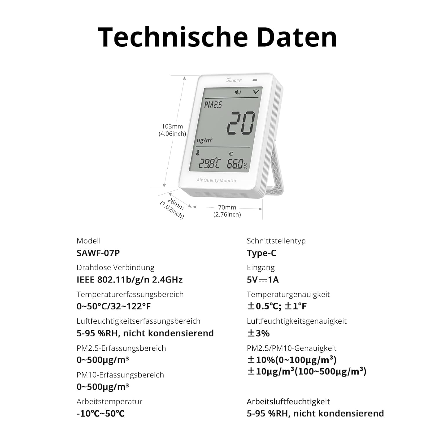 SONOFF Smart Monitor für Raumluftqualität mit PM2,5, PM10, Temperatur- und Luftfeuchtigkeitssensor, Echtzeitanzeige und Alarm, Materie-kompatibel, 2,4 GHz WLAN, 3,73-Zoll-Bildschirm – Bild 8