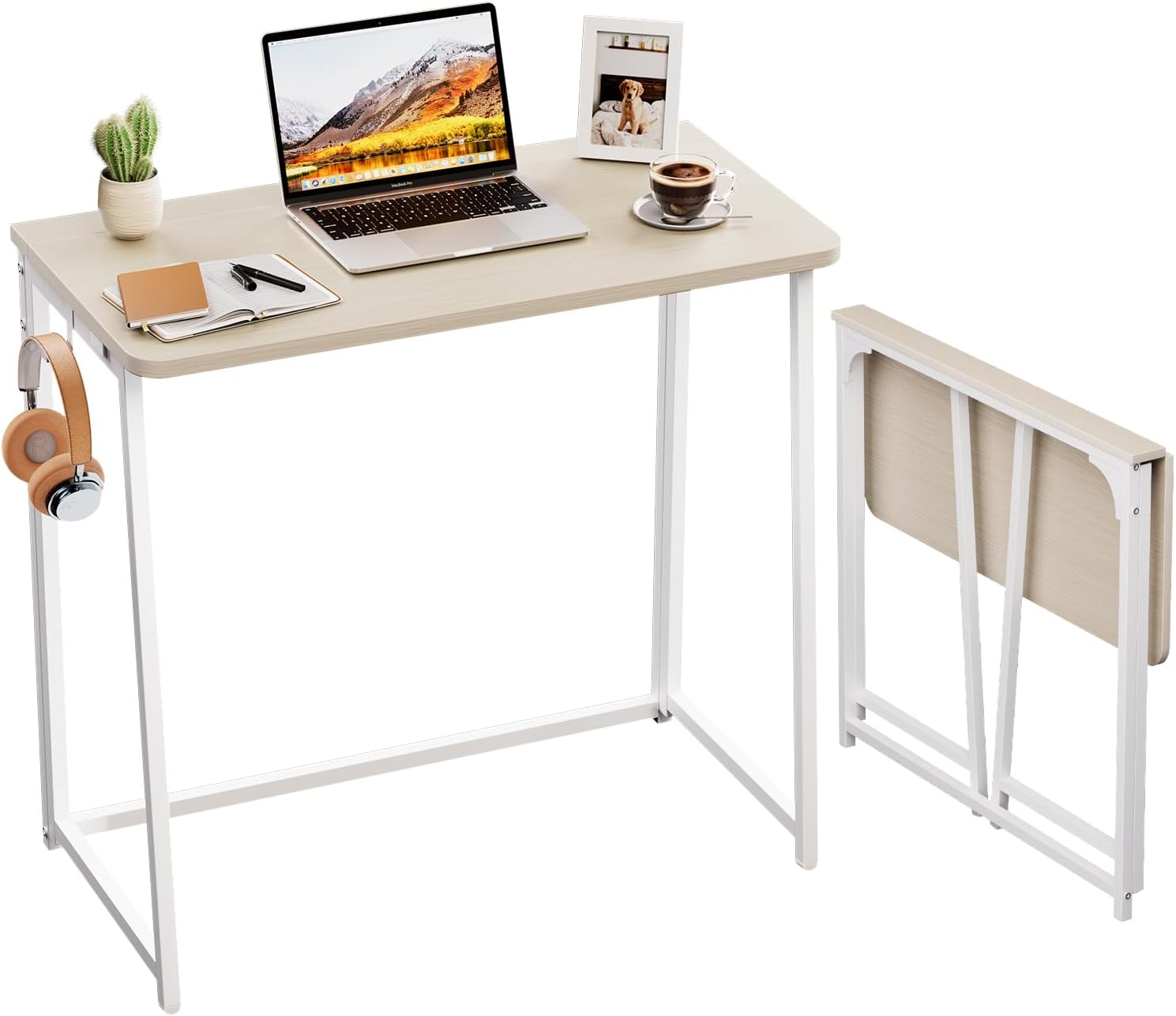 WOHOMO Kleiner Klappschreibtisch, 80 cm, Klappschreibtisch, kleiner Klapptisch, kleiner Computertisch für kleine Räume, Home-Office-Schreibtisch, schmal, Beige