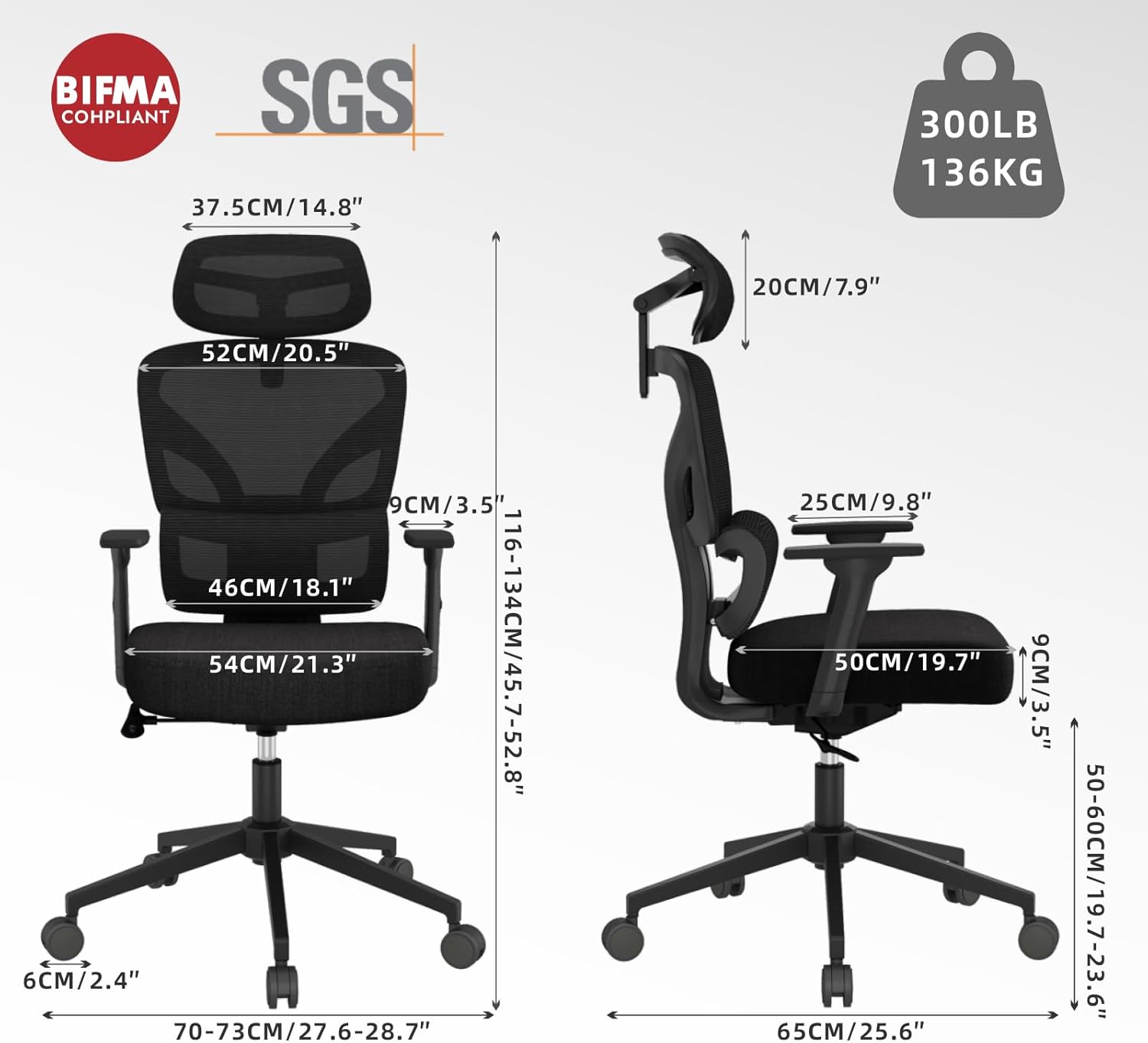 Bürostuhl, Schreibtischstuhl mit 3D-Armlehnen, ergonomischer Stuhl mit verstellbarer Netz-Kopfstütze, adaptive Lordosenstütze, Netzstuhl für Heimbüro-Gaming, Schwarz – Bild 3