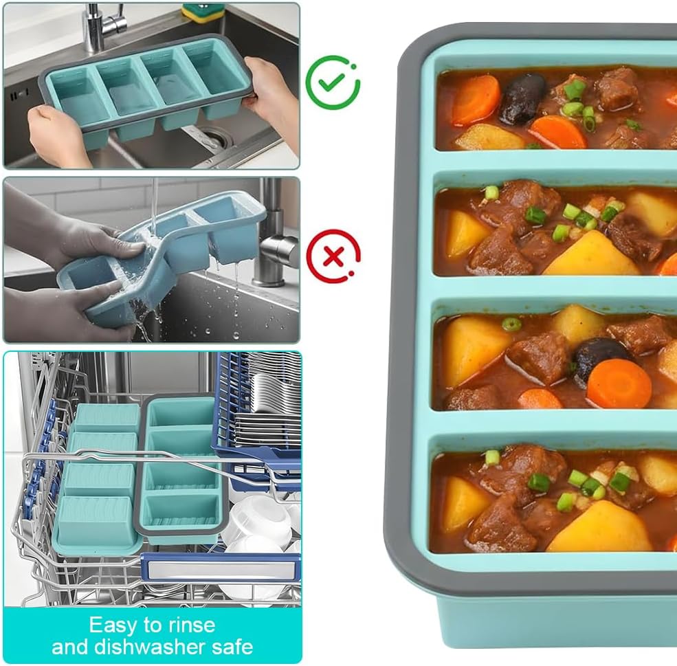 2 Stück Suppen-Gefrierbehälter, Silikon-Gefrierform Suppe mit Deckel, 4 Gitter, 250 ml Silikon-Gefriertablett, BPA-frei, stapelbarer Gefrierbehälter für Suppe, Brühe, Soße, Eiswürfel (4 Gitter) – Bild 5