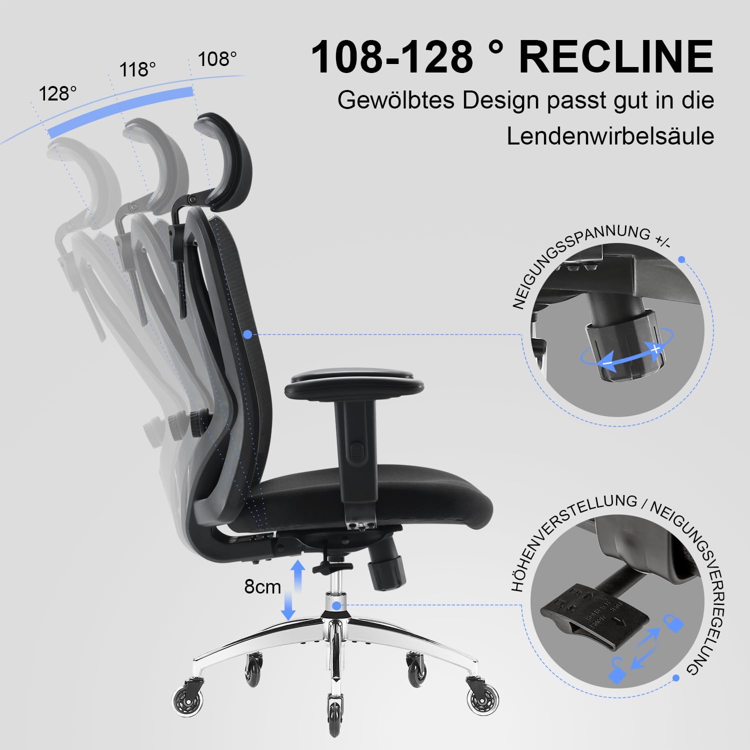 SIHOO Ergonomischer Schreibtischstuhl, Drehstuhl mit verstellbarer Lordosenstütze, Kopfstütze und Armlehne, Höhenverstellung und Wippfunktion, rückenschonender Bürostuhl, Belastbarkeit: bis 150 kg – Bild 10