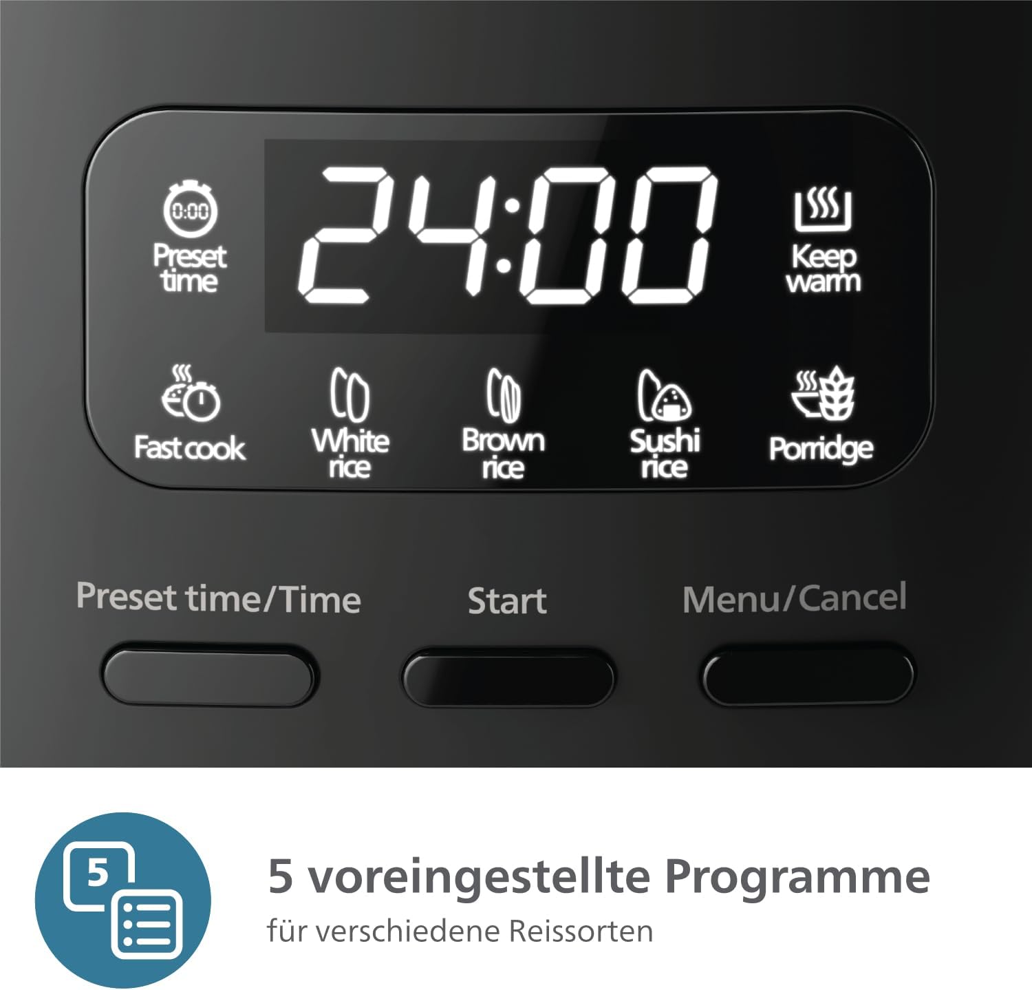 Philips Mini-Reiskocher 3000-Serie – 0,54 l, 5-lagige Bakuhanseki-Beschichtung, 30-Minuten-Druckkochmodus, 5 Kochfunktionen, Schwarz (HD3080/80) – Bild 3