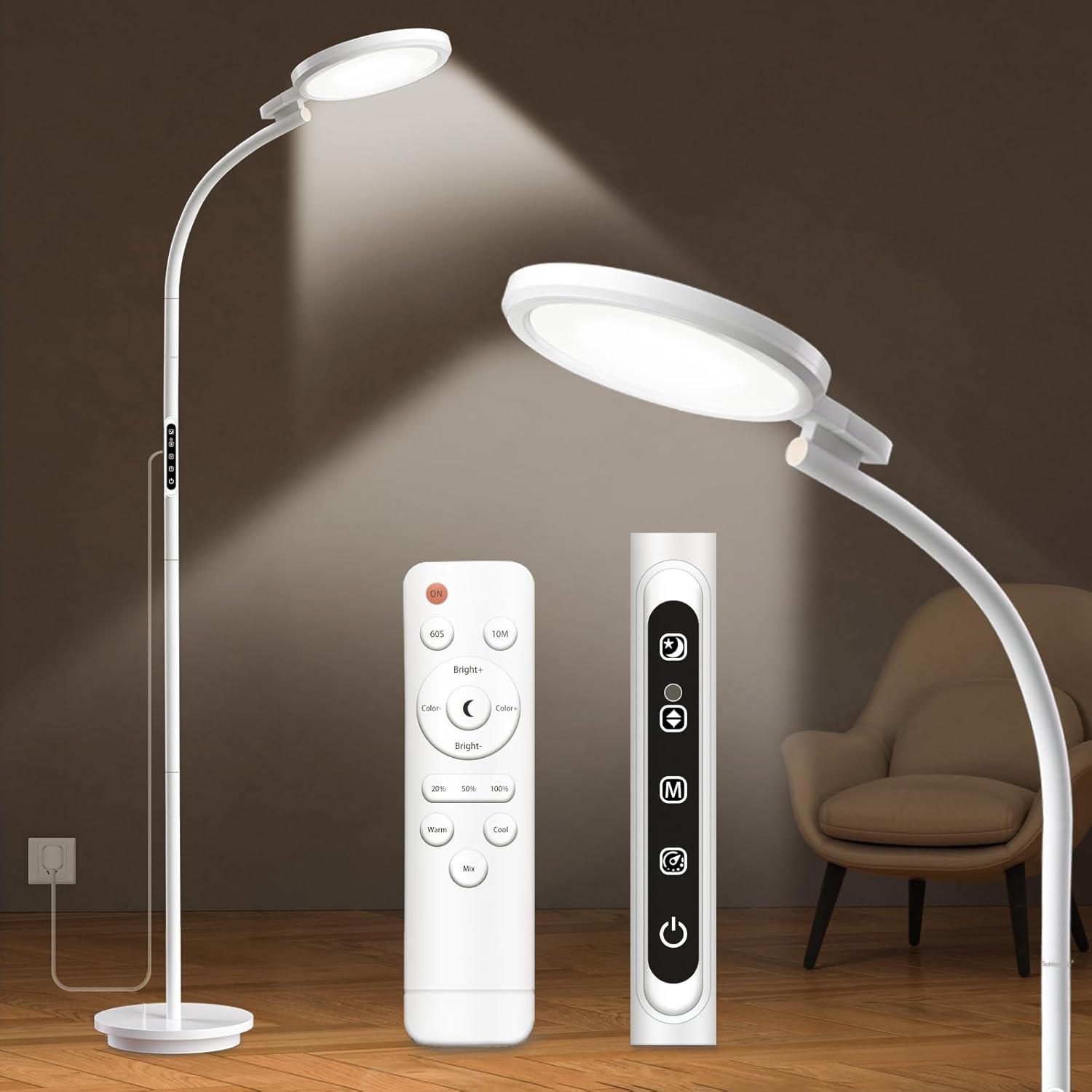 3-in-1 Tageslichtlampe 10000 Lux Runde Stehleuchte Tageslichtlampe Stehleuchte, SAD Lampe mit Fernbedienung & Touch-Steuerung & verstellbarem Schwanenhals für Lesen/Büro/Zuhause (Weiß)