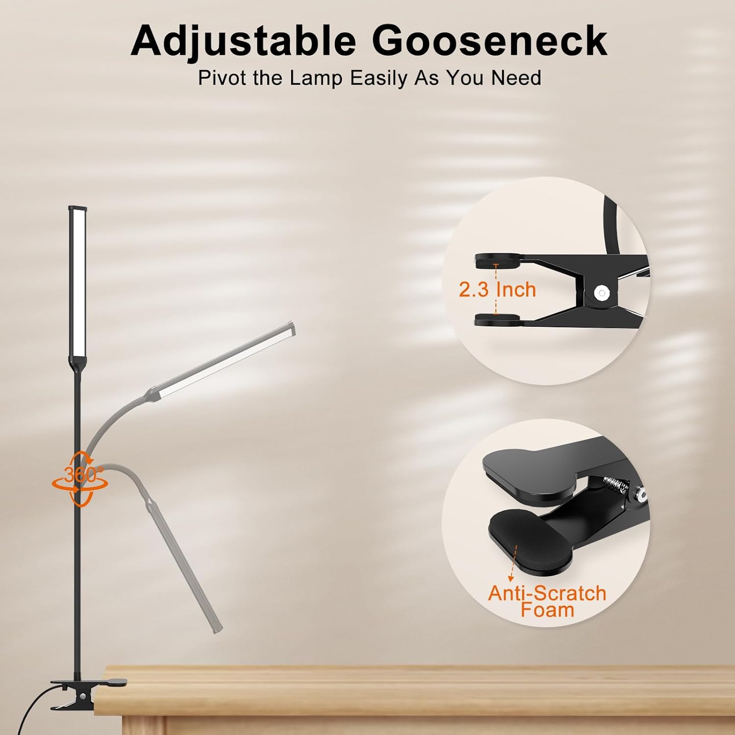 Mojimdo Schreibtischlampe 77 LED mit Fernbedienung (beeindruckende Lichtleistung) 40 cm Klemmlampe, 3 Farben & 5 Helligkeitsstufen, 360° flexibel mit USB-Ladegerät – Bild 4