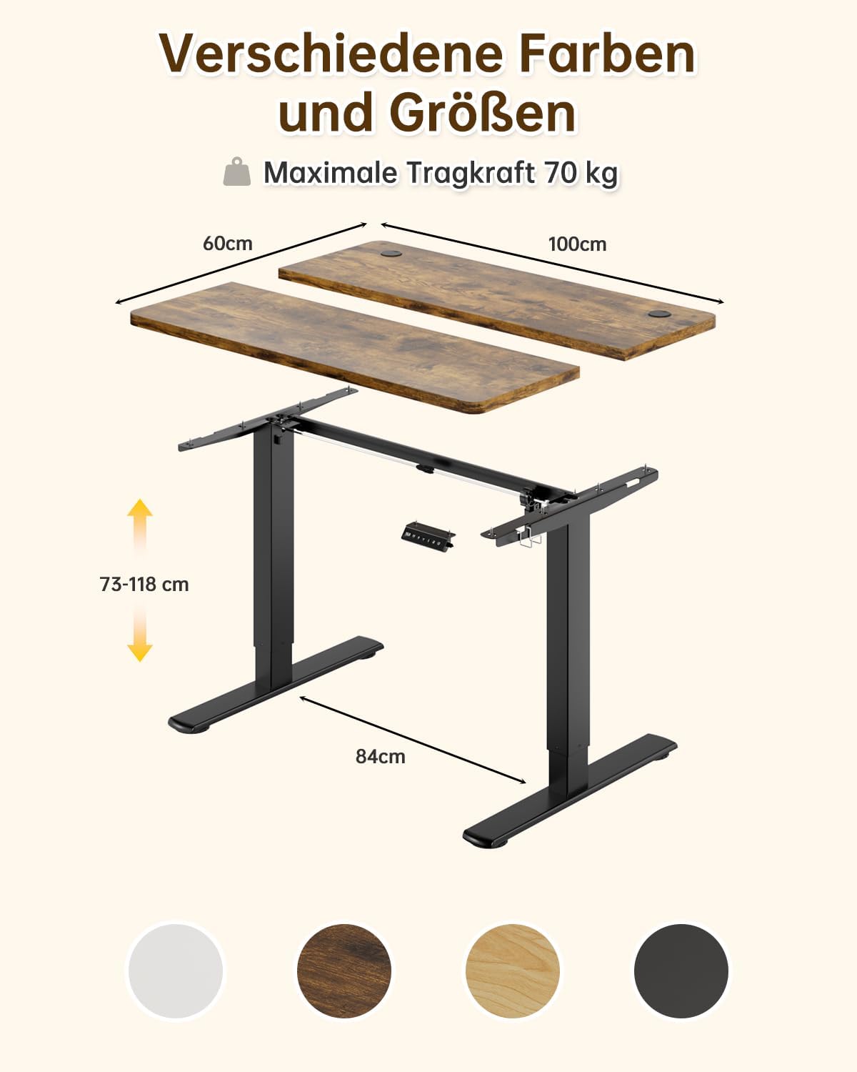 JUMMICO Höhenverstellbarer elektrischer Schreibtisch 100 x 60 cm mit USB-Ladeanschluss, höhenverstellbar, ergonomischer Stehsitztisch, braun – Bild 3