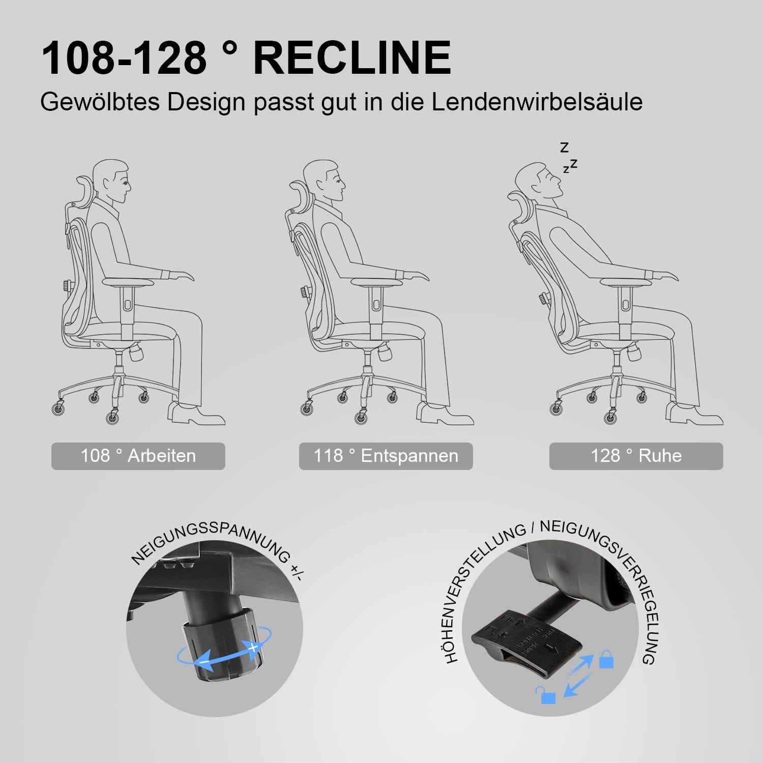 SIHOO Ergonomischer Schreibtischstuhl, Drehstuhl mit verstellbarer Lordosenstütze, Kopfstütze und Armlehne, Höhenverstellung und Wippfunktion, rückenschonender Bürostuhl, Belastbarkeit: bis 150 kg – Bild 8