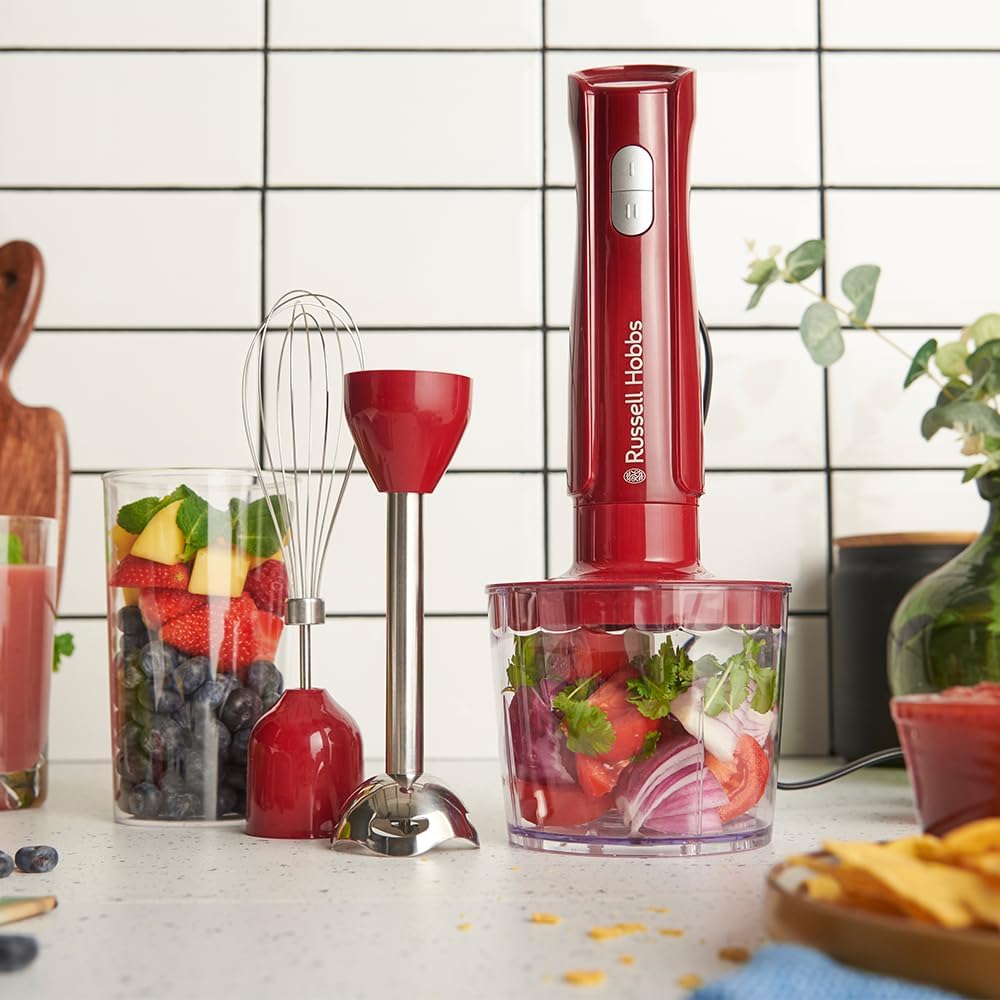 Russell Hobbs Desire Red 27142-56 Stabmixer (3-in-1: Mixer, Schneebesen & Zerkleinerer/Püreestab) (600 ml Rührbecher, spülmaschinenfestes Zubehör, Edelstahlmesser, für Smoothies, Suppen, Saucen & Dips) – Bild 6