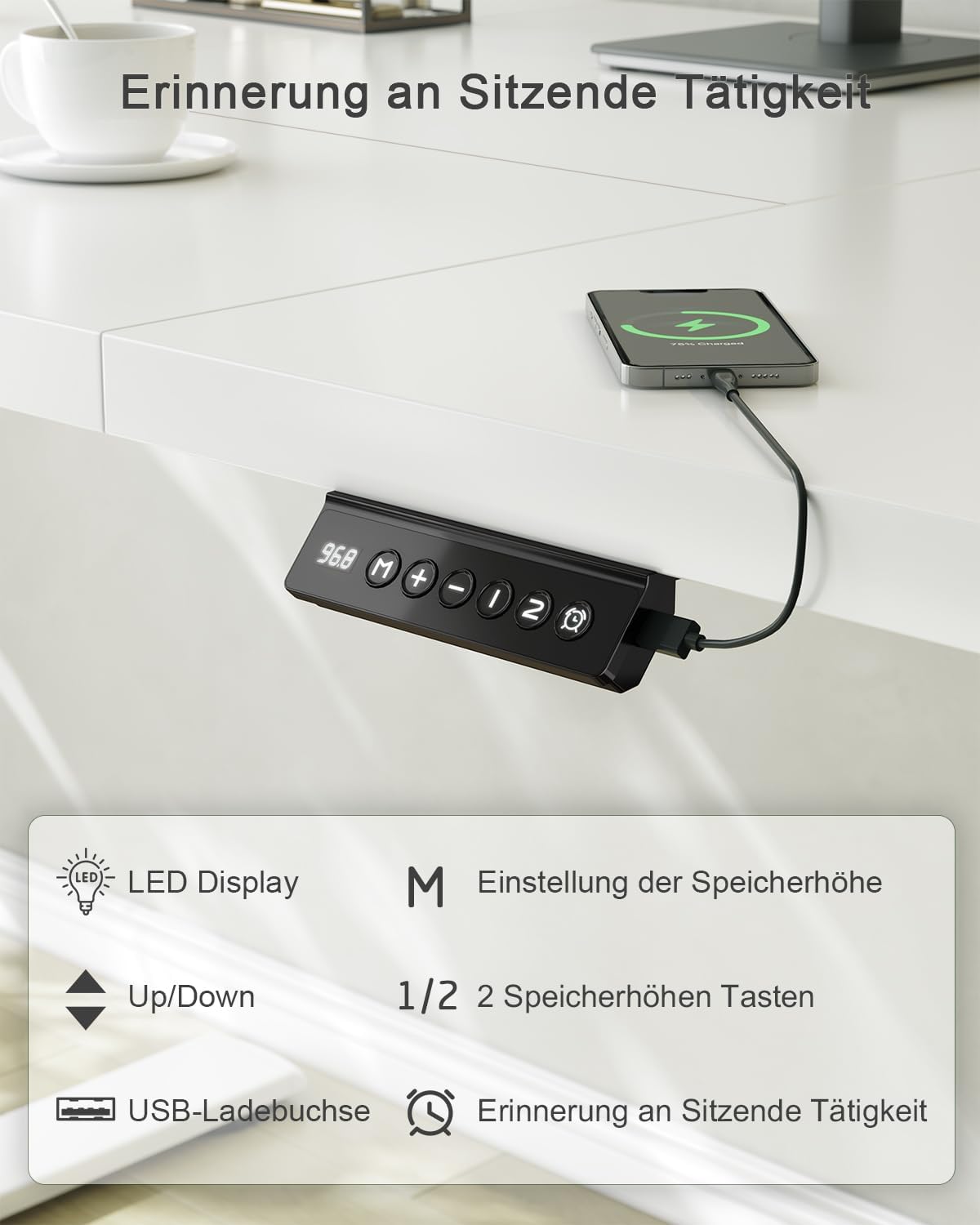 JUMMICO Höhenverstellbarer Schreibtisch mit USB-Ladeanschluss, 180 x 80 cm, elektrischer Schreibtisch, Stehsitz, Tisch, verstellbarer Computertisch, weiß – Bild 4