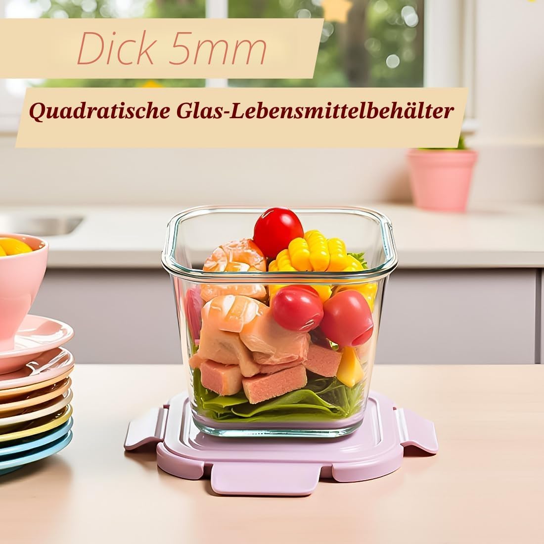 900 ml Glasbehälter mit Deckel, Vorratsgläser aus Glas mit Deckel, luftdicht. Quadratische Meal-Prep-Behälter, Mealprep-Gläser, Suppenbehälter aus Glas für Mikrowelle, Gefrierschrank und Spülmaschine – Bild 6