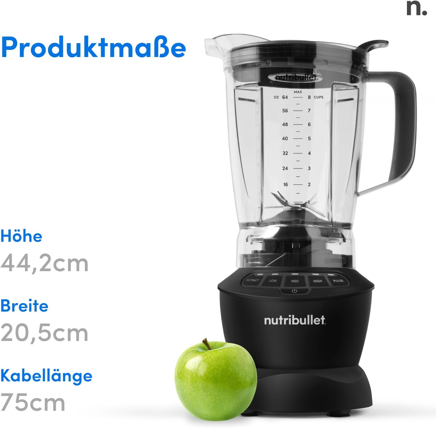 Nutribullet Full Size Blender Combo, elektrischer Mixer, multifunktionaler Zerkleinerer, professionell, 1200 Watt Leistung, 1,89 l Krug, 946 ml und 710 ml Gläser, Schwarz, NBF580B – Bild 8