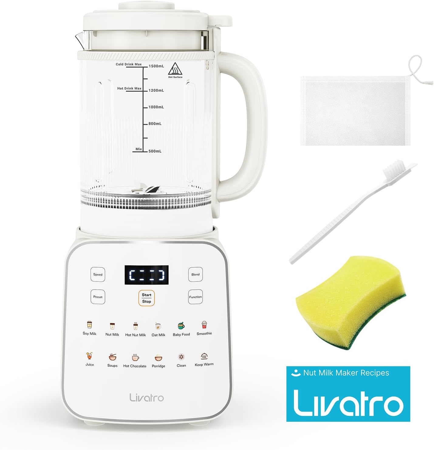 Livatro Nussmilchbereiter, 12-in-1,1,5 l, automatischer Sojamilchbereiter, abnehmbares Design, Mandel-/Hafermilch & Saft, 24-Stunden-Timer, Warmhalten, Selbstreinigung, Sicherheitsverriegelung (Beige1) – Bild 9
